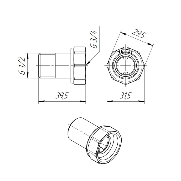 Детальное изображение Полусгон с накидной гайкой 3/4" ВР х 1/2" НР Valtec в интернет-магазине THERM.BY