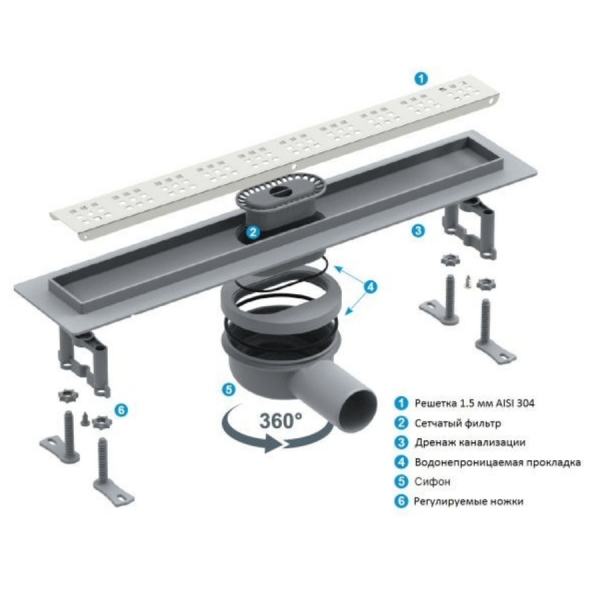 Детальное изображение Трап для душа STARLINE BASE 70см с решеткой и опорами, с регулируемым на 360° отводом d 50mm, сух. затвор, VALTEMO в интернет-магазине THERM.BY