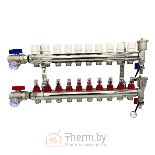 Детальное изображение Коллекторная группа для тёплого пола с расходомерами и кранами на 10 выходов TIM арт. KA010 в интернет-магазине THERM.BY