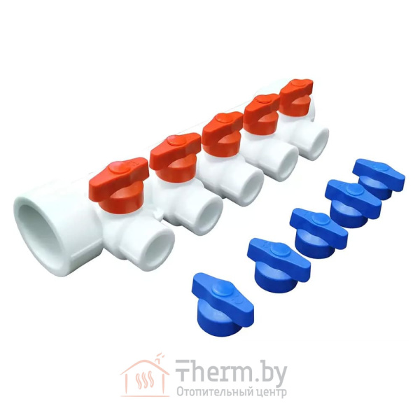 Детальное изображение Коллектор универсальный с отсечными кранами, 5 выходов 40 х 20 мм VALFEX белый в интернет-магазине THERM.BY