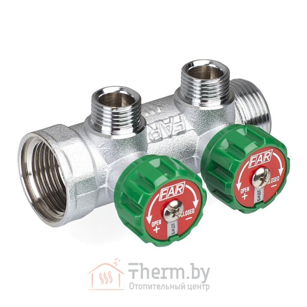 Детальное изображение Коллектор регулирующий проходной 3/4" (ВР-НР) с 2 отводами 1/2" НР под плоское уплотнение MULTIFAR FAR арт. FK 3821 3412TP в интернет-магазине THERM.BY