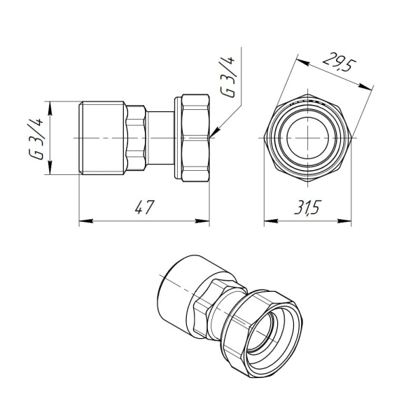 Детальное изображение Полусгон с накидной гайкой 3/4" ВР х 3/4" НР Valtec в интернет-магазине THERM.BY