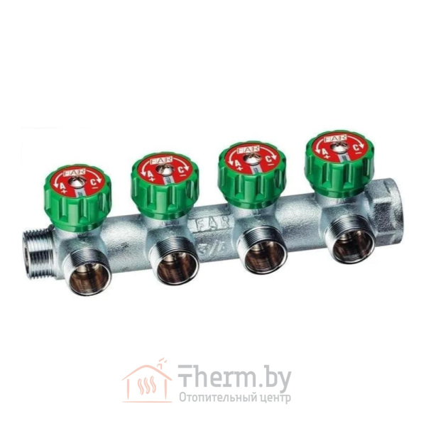 Детальное изображение Коллектор регулирующий проходной 1" (ВР-НР) с 4 отводами 3/4" НР под евроконус MULTIFAR FAR арт. FK 3824 134 в интернет-магазине THERM.BY