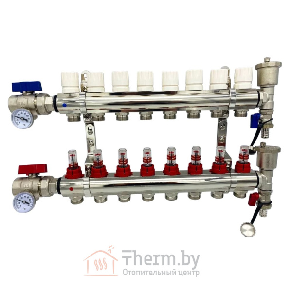 Детальное изображение Коллекторная группа для тёплого пола с расходомерами и кранами на 8 выходов TIM арт. KA008 в интернет-магазине THERM.BY