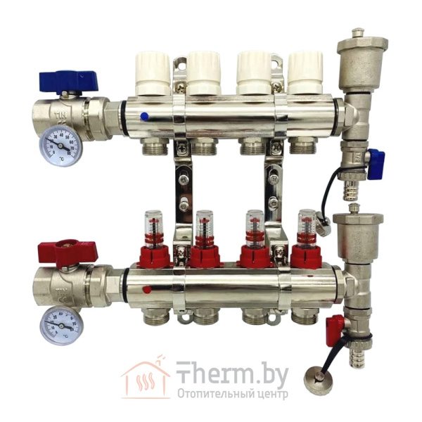 Детальное изображение Коллекторная группа для тёплого пола с расходомерами и кранами на 4 выхода TIM арт. KA004 в интернет-магазине THERM.BY