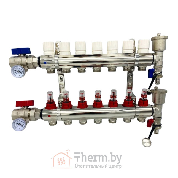 Детальное изображение Коллекторная группа для тёплого пола с расходомерами и кранами на 7 выходов TIM арт. KA007 в интернет-магазине THERM.BY