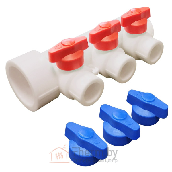 Детальное изображение Коллектор универсальный с отсечными кранами, 3 выхода 32 х 20 мм VALFEX белый в интернет-магазине THERM.BY