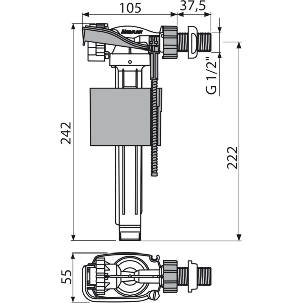 Детальное изображение A150-1/2"-BL01 / Впускной механизм с боковой подводкой 1/2" с пластиковой резьбой, Alcaplast в интернет-магазине THERM.BY
