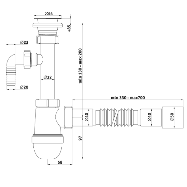 Детальное изображение С1315 / Сифон для мойки 1 1/4"х40 с отв. для стир. маш., с гибкой трубой 40х40/50 С1315, Ани Пласт в интернет-магазине THERM.BY