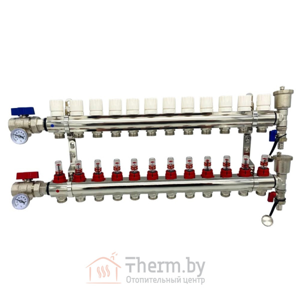 Детальное изображение Коллекторная группа для тёплого пола с расходомерами и кранами на 12 выходов TIM арт. KA012 в интернет-магазине THERM.BY