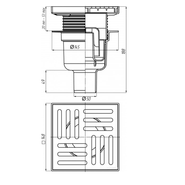 Детальное изображение TQ5712 / Трап вертикальный регулируемый d.50, реш.15х15мм нерж., сухой затвор, Ани Пласт в интернет-магазине THERM.BY