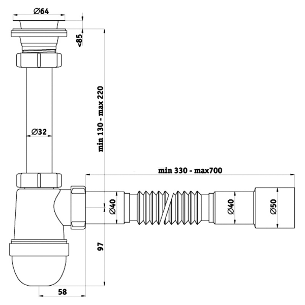 Детальное изображение С2015 / Сифон для умывальника 1.1/4"х40 с гибкой трубой 40х40/50, Ани Пласт в интернет-магазине THERM.BY