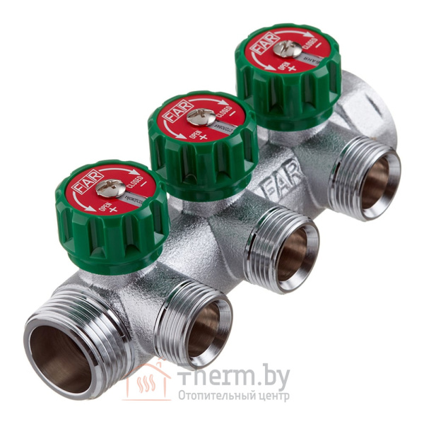 Детальное изображение Коллектор регулирующий проходной 1" (ВР-НР) с 3 отводами 3/4" НР под евроконус и плоское уплотнение MULTIFAR FAR арт. FK 3822 134 в интернет-магазине THERM.BY