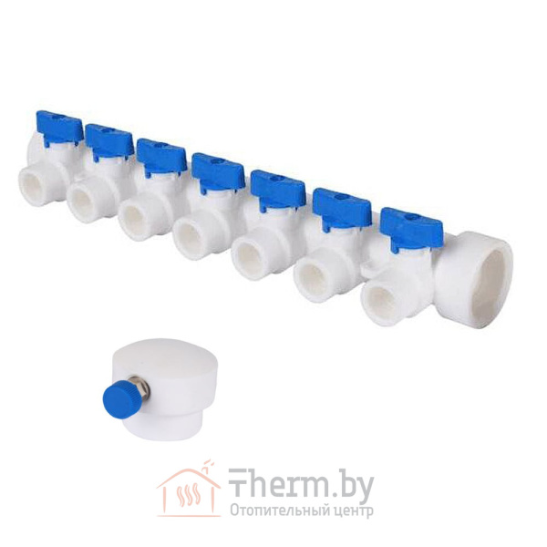 Детальное изображение Коллектор VALFEX PPR на 7 выходов 40 х 20 мм белый с синими кранами и воздухоотводчиком в интернет-магазине THERM.BY