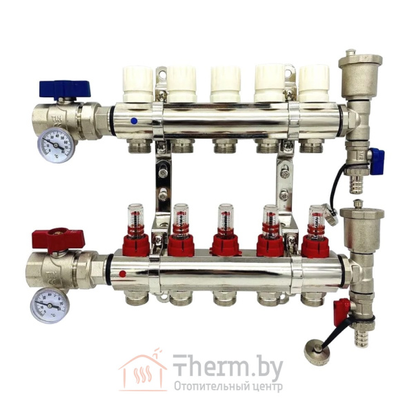 Детальное изображение Коллекторная группа для тёплого пола с расходомерами и кранами на 5 выходов TIM арт. KA005 в интернет-магазине THERM.BY