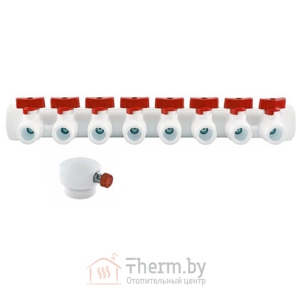Детальное изображение Коллектор VALFEX PPR на 8 выходов 40 х 20 мм белый с красными кранами и воздухоотводчиком в интернет-магазине THERM.BY