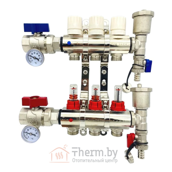 Детальное изображение Коллекторная группа для тёплого пола с расходомерами и кранами на 3 выхода TIM арт. KA003 в интернет-магазине THERM.BY