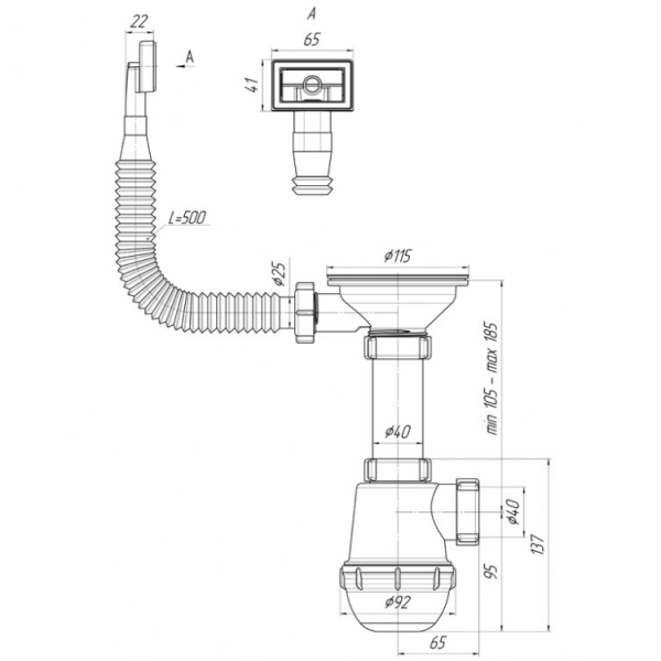 Детальное изображение A0145S / Сифон для мойки 3 1/2" x 40 с гибким переливом , Ани Пласт в интернет-магазине THERM.BY
