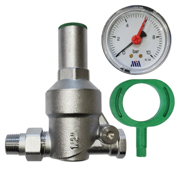 Детальное изображение Регулятор давления 1/2" НР/ВР с боковым манометром и американкой Millennium арт. RDFM1212 в интернет-магазине THERM.BY