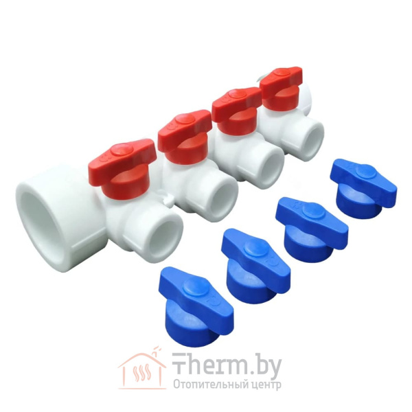 Детальное изображение Коллектор универсальный с отсечными кранами, 4 выхода 32 х 20 мм VALFEX белый в интернет-магазине THERM.BY