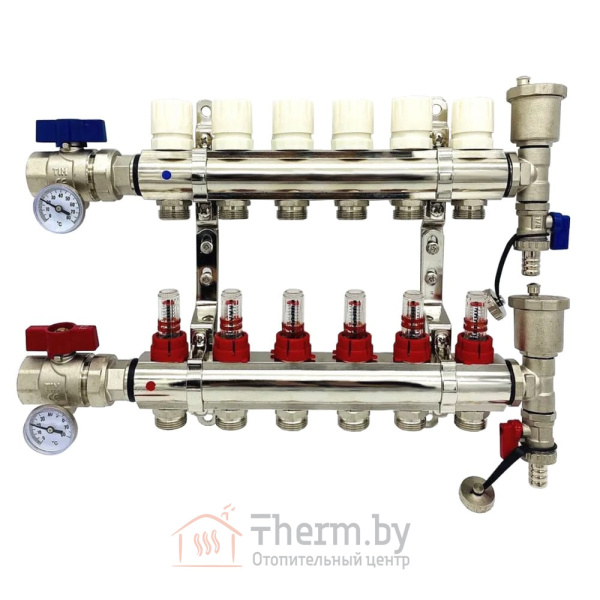 Детальное изображение Коллекторная группа для тёплого пола с расходомерами и кранами на 6 выходов TIM арт. KA006 в интернет-магазине THERM.BY