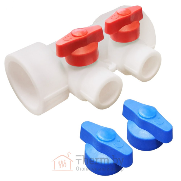 Детальное изображение Коллектор универсальный с отсечными кранами, 2 выхода 32 х 20 мм VALFEX белый в интернет-магазине THERM.BY