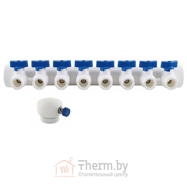 Детальное изображение Коллектор VALFEX PPR на 8 выходов 40 х 20 мм белый с синими кранами и воздухоотводчиком в интернет-магазине THERM.BY